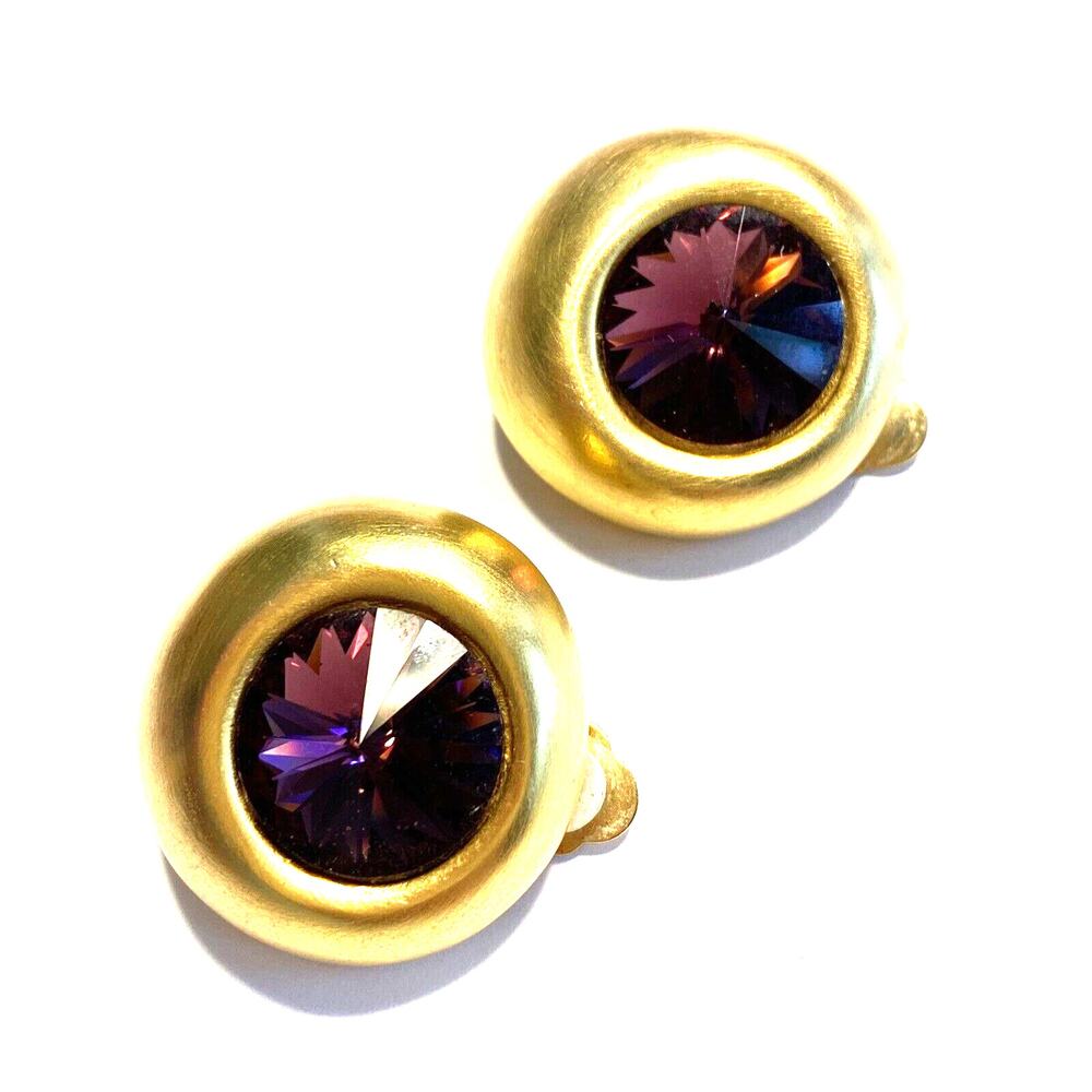 Chunky Y2K Clip On Earrings Brushed Goldtone & Huge Purple Rhinestones Mod Round